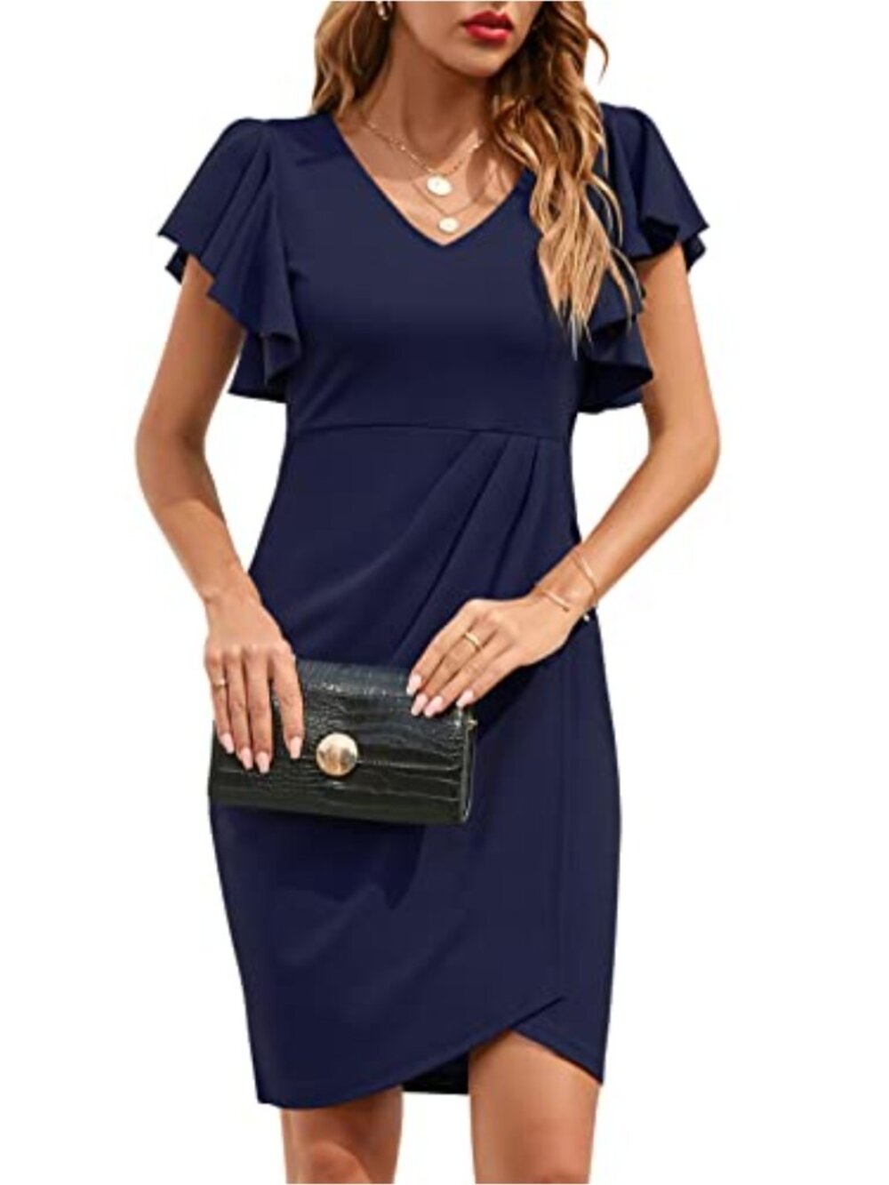 Women V Neck Ruffle Sleeve Bodycon Sheath Cocktail Dress Ruched Wrap Knee Length
